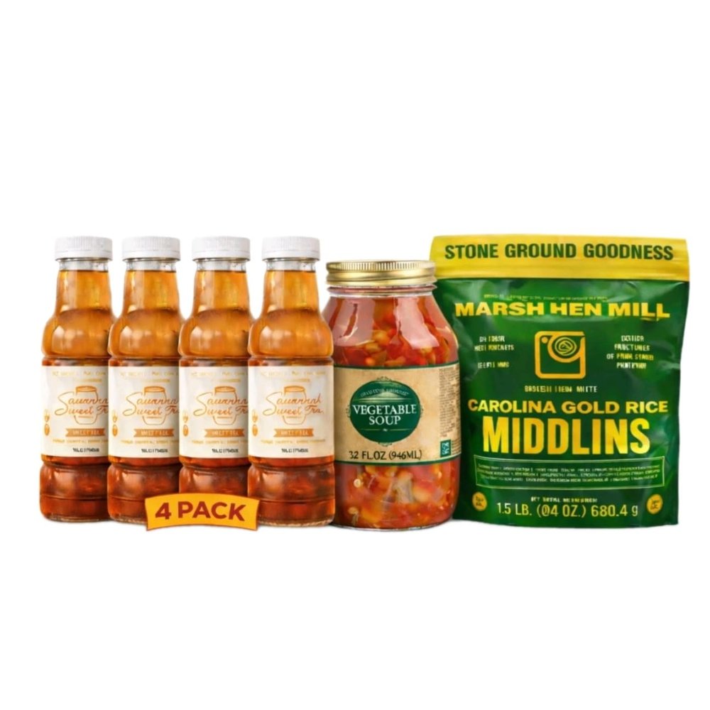 Charleston Favorites Vegetable Soup Meal Bundle Vegetable Soup, Marsh Hen Mill Carolina Gold Rice Middlins & 4 Pack Savannah Sweet Tea Southern Comfort Food