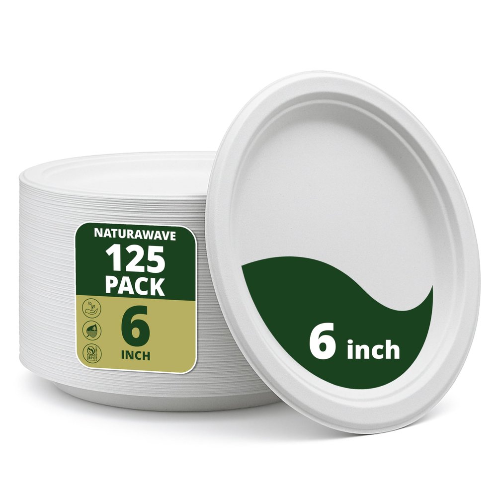 Naturawave Essentials 100% Compostable Paper Plates, Heavy Duty Disposable Plates [125-Pack] 6 Inch Plates - Eco-Friendly, Biodegradable Sugarcane Bagasse, White 6" Dinner Paper Plate -BPI Certified