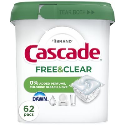 Cascade Free & Clear Dishwasher Pods, Dishwasher Detergent, Dish Detergent Soap, Unscented, 62ct