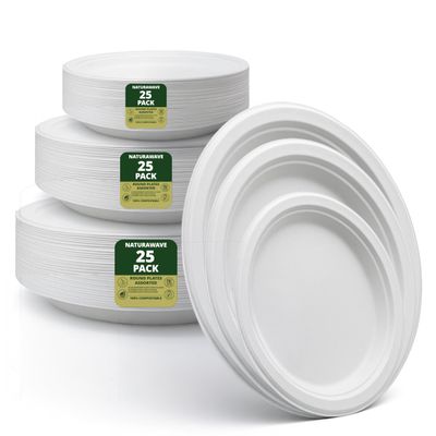 100% Compostable Paper Plates, Heavy Duty Disposable Plates [75-Pack] 25 Pieces of 6" ,9" , and 10" Inch Plates - Eco-Friendly, Biodegradable Sugarcane Bagasse, White Variety Plates-BPI Certified