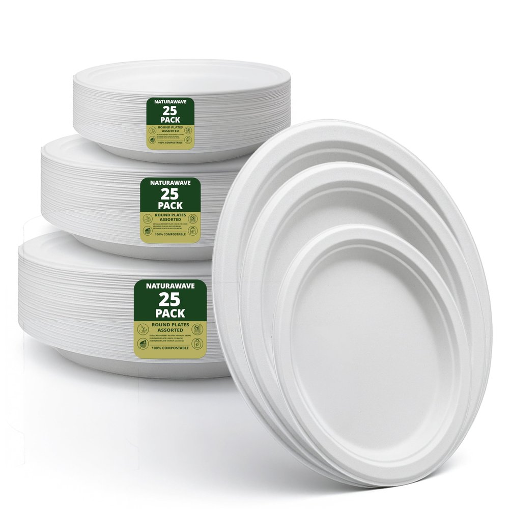 100% Compostable Paper Plates, Heavy Duty Disposable Plates [75-Pack] 25 Pieces of 6" ,9" , and 10" Inch Plates - Eco-Friendly, Biodegradable Sugarcane Bagasse, White Variety Plates-BPI Certified