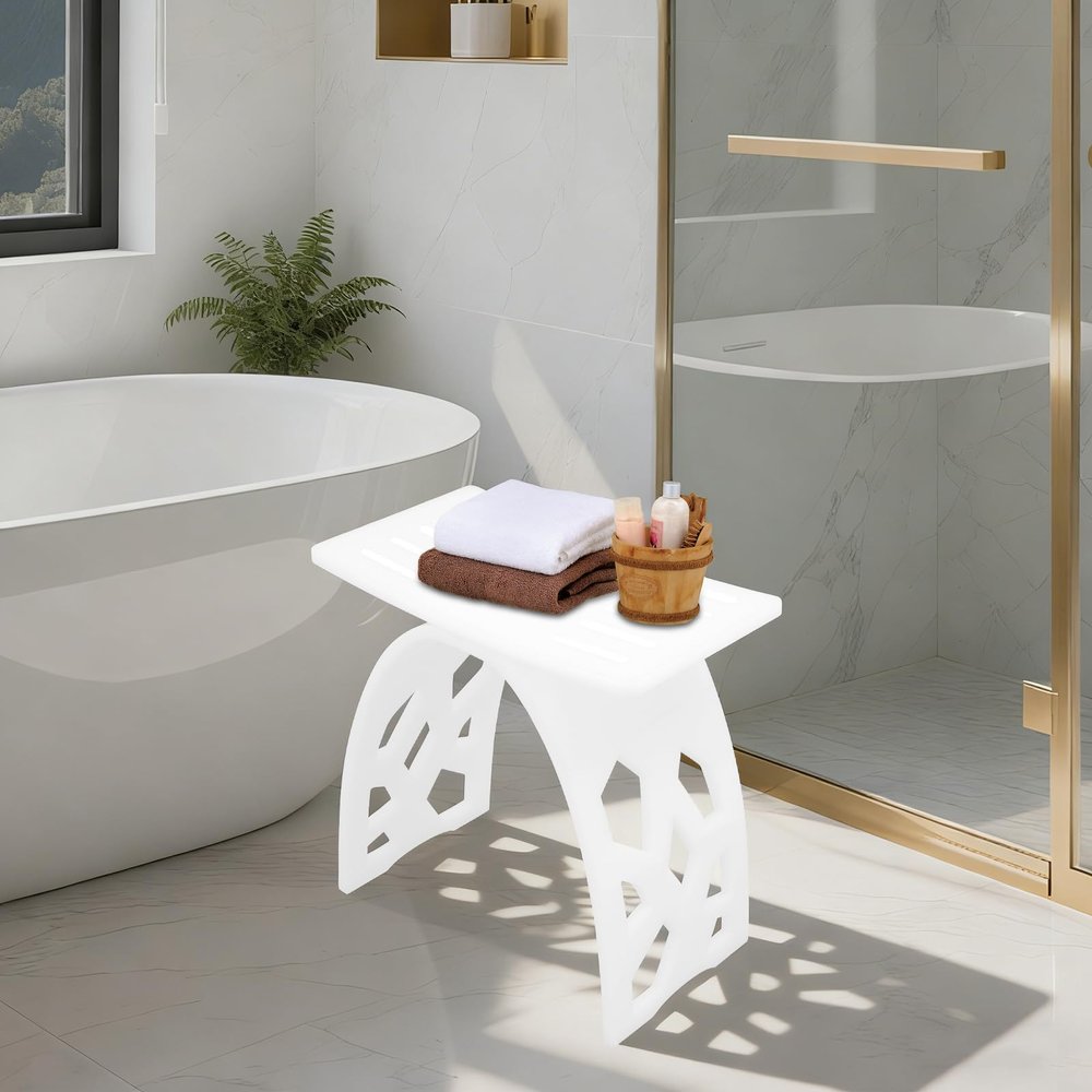 16in Modern Portable Shower Bench,Acrylic Bathroom Stool Load 500 Lbs,Rectangle+Arc-Shaped Shower Stool for Shaving Legs,for Adults Seniors Elderly (White)