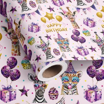 Vnaaem Birthday Wrapping Paper Roll for Girls Kids - Pink & Gold Safari Animals Happy Birthday Party Design Gift Wrap for Party Baby Shower(Total 28.5 sq.ft)