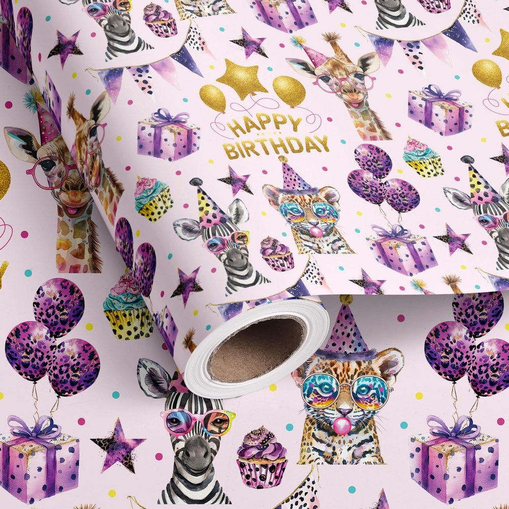Vnaaem Birthday Wrapping Paper Roll for Girls Kids - Pink & Gold Safari Animals Happy Birthday Party Design Gift Wrap for Party Baby Shower(Total 28.5 sq.ft)