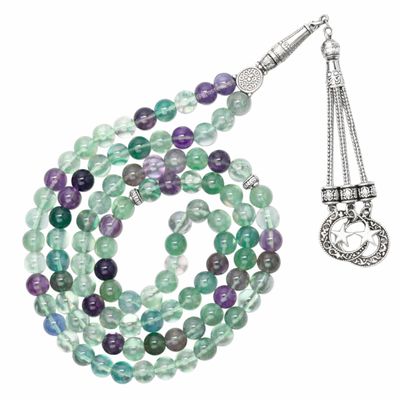 Amazing Gemstone Multi Fluorite Tasbeeh with Moon and Star Charm - Certified Crystal Muslim Prayer Beads Natural Gemstone Tasbih Gift for Ramadan Dhikr and Daily Namaz (S)