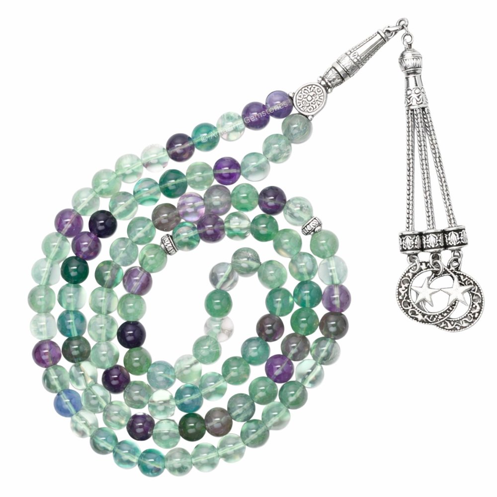 Amazing Gemstone Multi Fluorite Tasbeeh with Moon and Star Charm - Certified Crystal Muslim Prayer Beads Natural Gemstone Tasbih Gift for Ramadan Dhikr and Daily Namaz (S)