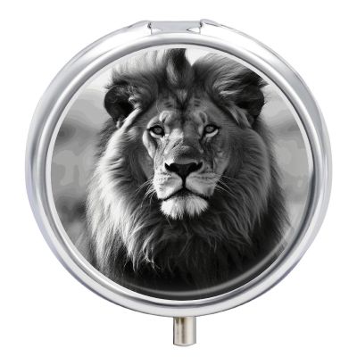 African Lion Black and White Round Metal Pill Organizer 3 Compartment Travel Pill Case with Mirror Waterproof & Leak-Proof for Daily Meds Vitamins Supplements Fits in Purse Pocket Bag
