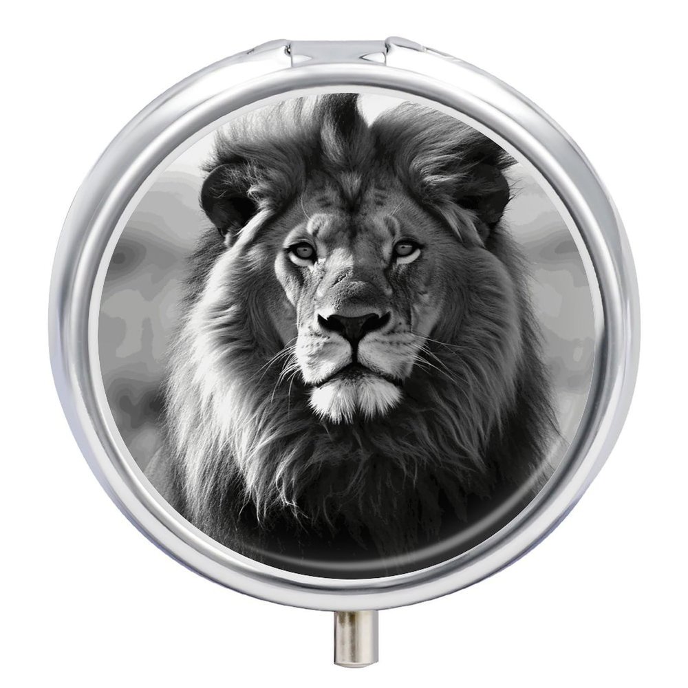 African Lion Black and White Round Metal Pill Organizer 3 Compartment Travel Pill Case with Mirror Waterproof & Leak-Proof for Daily Meds Vitamins Supplements Fits in Purse Pocket Bag