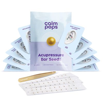CalmPops Acupressure Ear Seeds | Ear Seeding Kit Acupuncture Ear Seeds Stickers for Immune System & Digestive Health Support + Auricular Acupuncture Chart + Tweezers (60 Units, 24K Gold Plated)