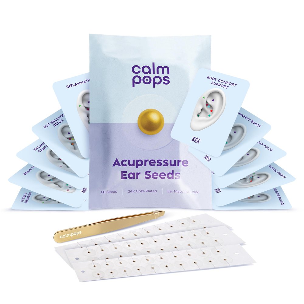 CalmPops Acupressure Ear Seeds | Ear Seeding Kit Acupuncture Ear Seeds Stickers for Immune System & Digestive Health Support + Auricular Acupuncture Chart + Tweezers (60 Units, 24K Gold Plated)