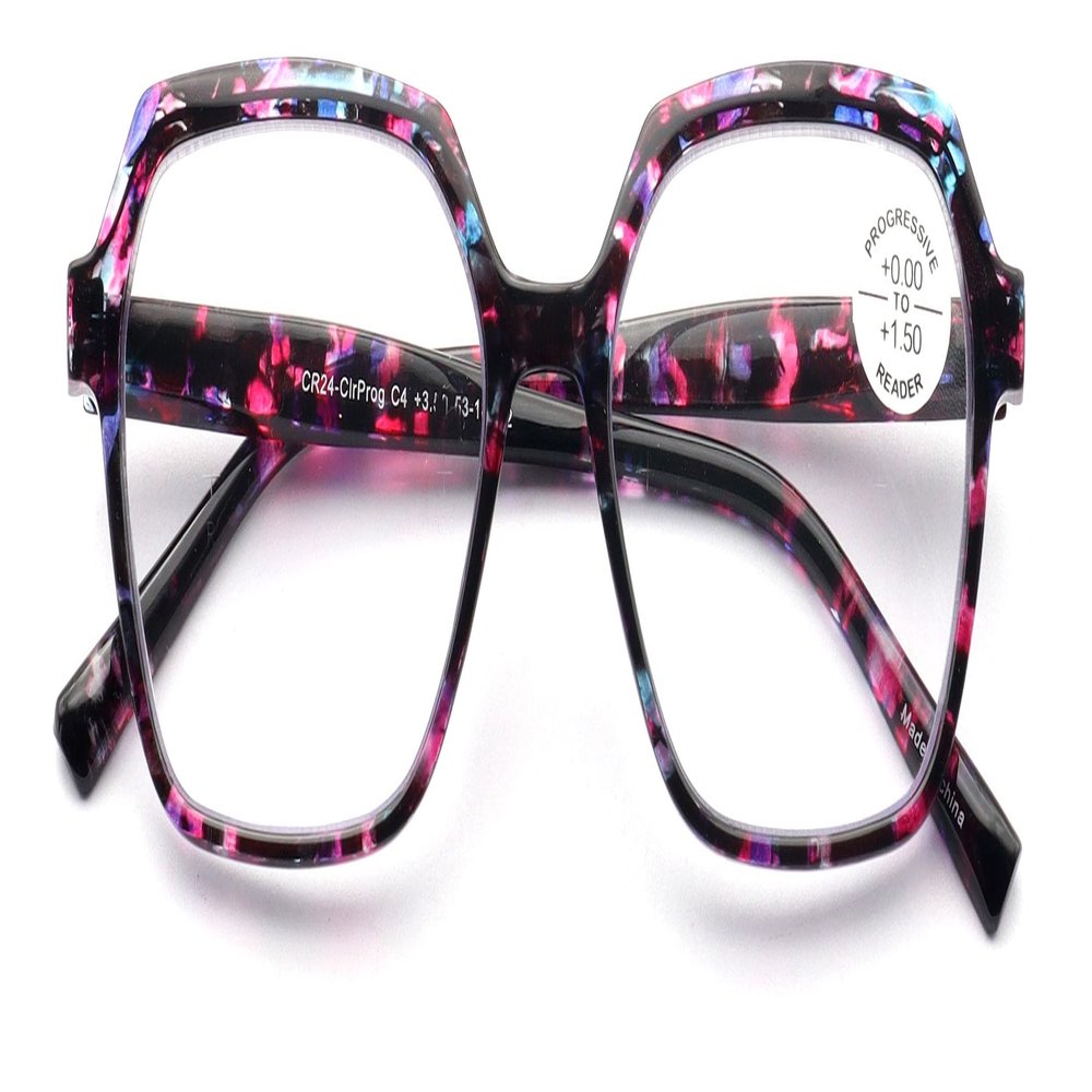 V.W.E. Womens Square Progressive Clear Lens Reading Glasses No Line Multifocus Readers Zero Power on Top (Mosaic, 2.75, x)