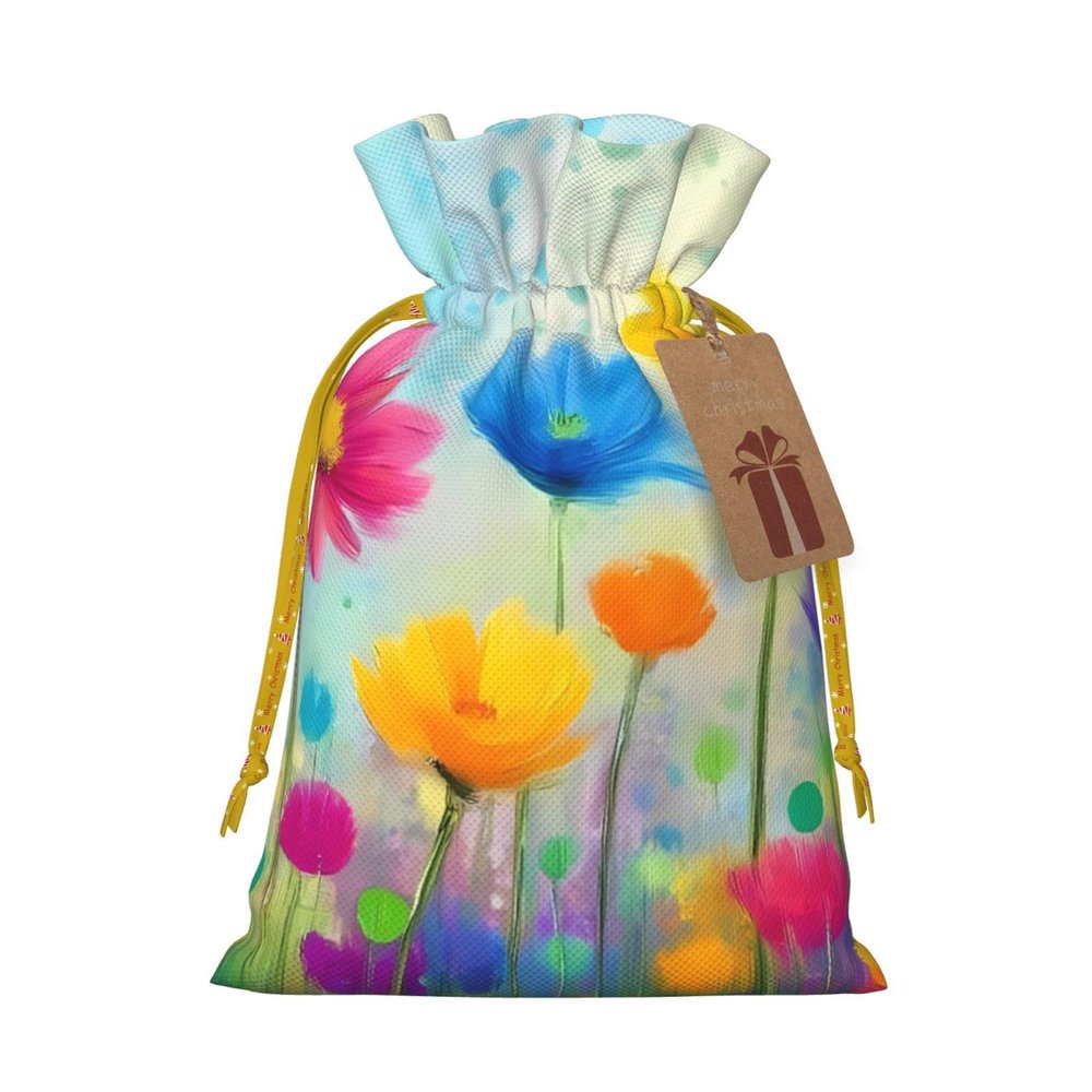 Fuzquwun Spring Flower Seasonal Pattern Christmas Linen Gift Bag With Drawstrings Treat Bag Goody Present Bags For Christmas Party Favor
