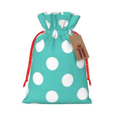 Fuzquwun Teal Turquoise And White Polka Dot Pattern Christmas Linen Gift Bag With Drawstrings Treat Bag Goody Present Bags For Christmas Party Favor
