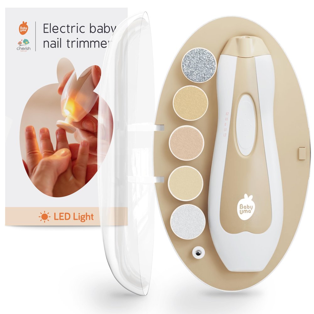 Cherish Baby Care LED Baby Nail Trimmer Electric - Auto-Safety Stop Baby Nail Clippers, Bi-Directional Electric Baby Nail File with 2 Speeds & 6 Filing Discs, Newborn Essentials (+ Travel Case)