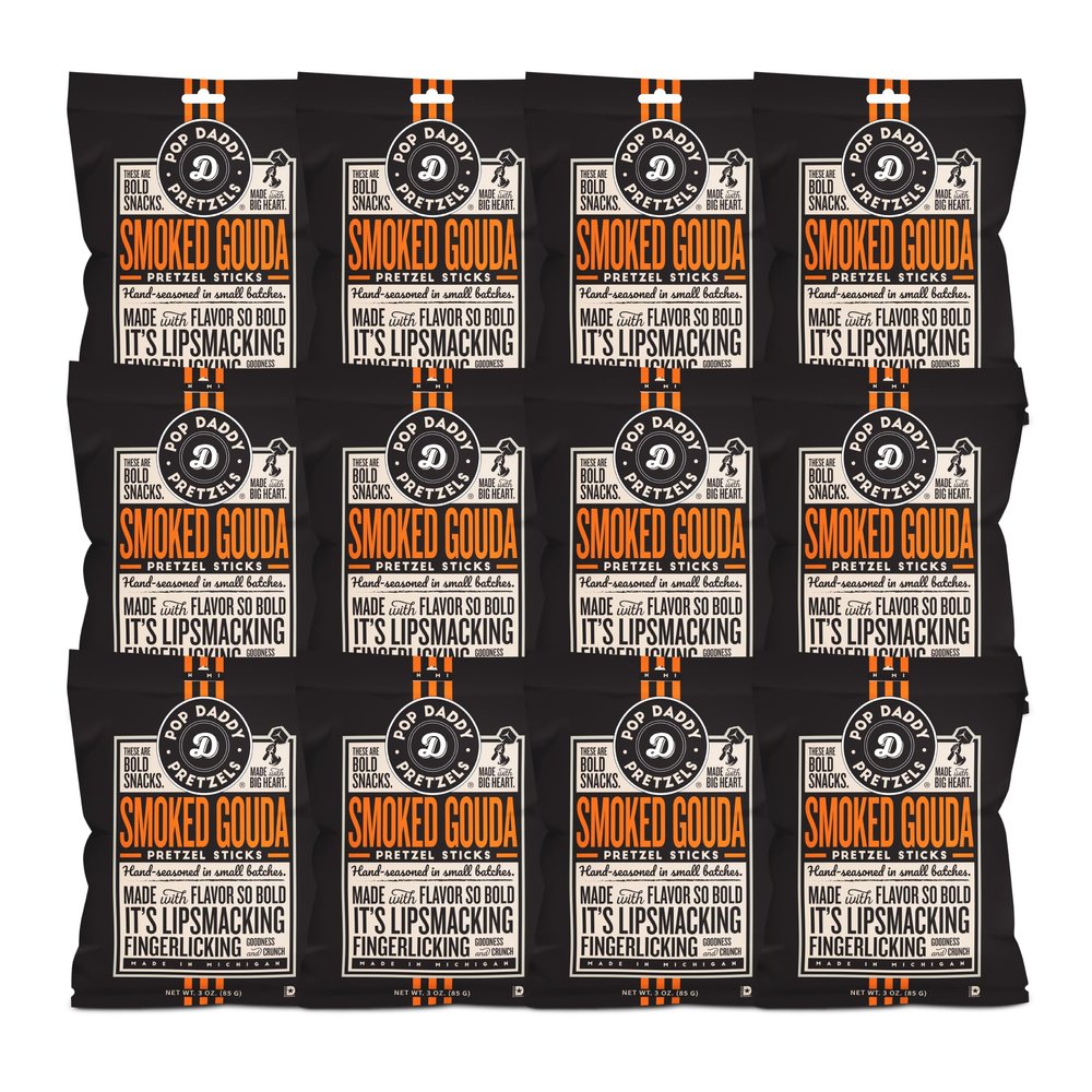 Pop Daddy Flavored Pretzels Sticks, Smoked Gouda Flavor, 3oz Gourmet Pretzels Snacks, 12 Pack