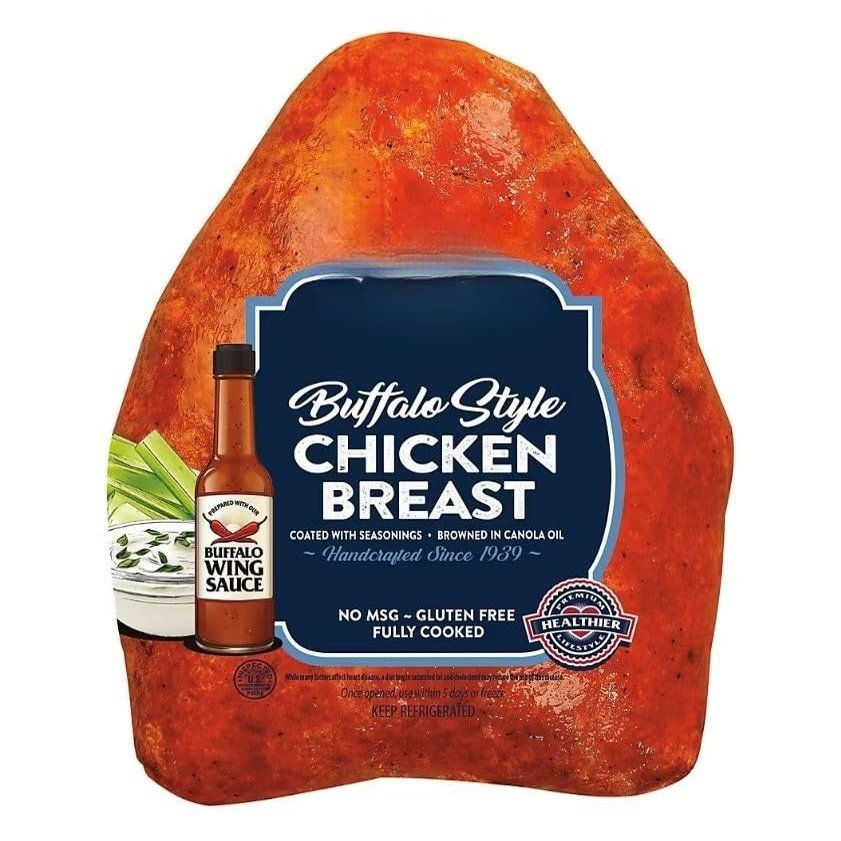 Buffalo Style Chicken Breast, Proudly offering a variety of bold and delicious flavors, made with premium whole muscle meats, hand-trimmed and hand-seasoned to perfection. Minimally processed , Deli Counter Meat .[ 24 oz , 1.5 lb ]