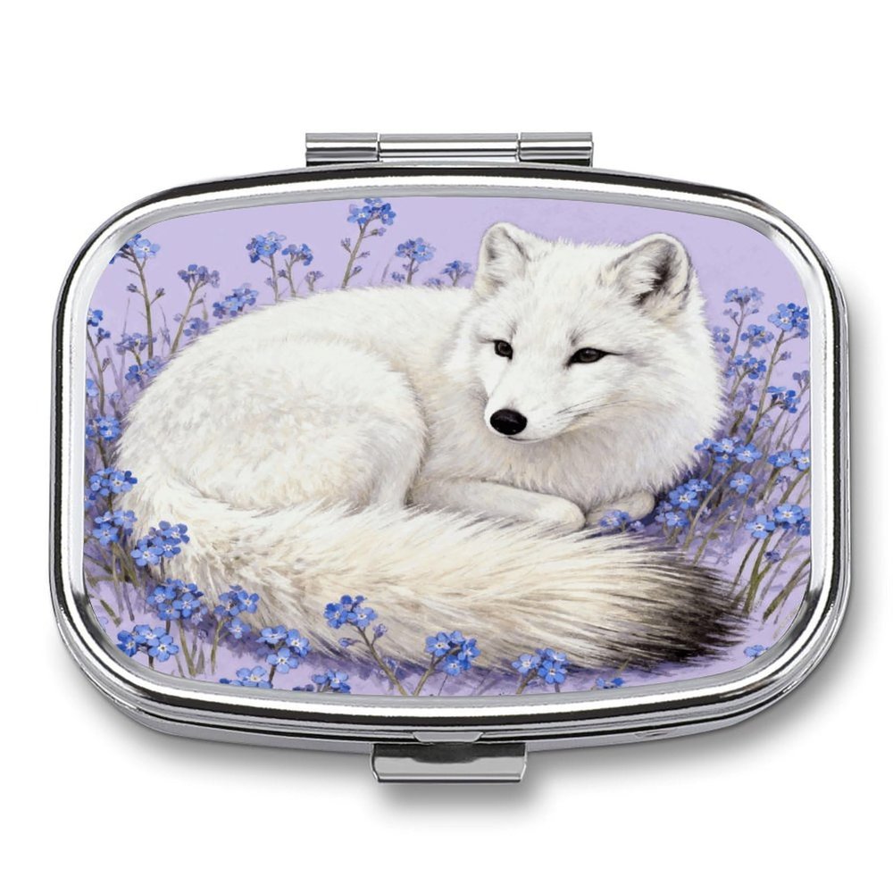 Arctic Fox in Violets Pill Organizer with Mirror 2 Compartments Waterproof Pill Case for Purse Pocket Non-Slip Grip Travel Medicine Organizer Container Box for Vitamin Fish Oil Supplement