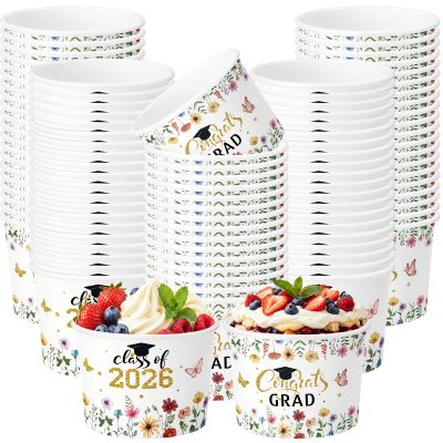 Nuanchu 100 Pack 9 oz Wildflower Graduation Ice Cream Cups 2026 Congrats Grad Disposable Paper Cups for Dessert Treat Bowls for Snacks Soup Hot Cold Food Congrats Grad Class of 2026 Decorations