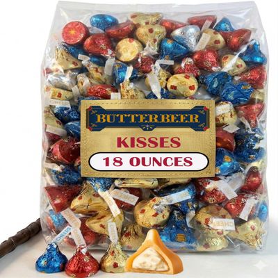Hershey Kisses Butterbeer Flavored Candy, 18 Oz Bulk, Individually Wrapped Butterscotch flavored Creme Kisses with Hary Poter Gold, Blue and Red Foils, Springtime Limited Edition, Bulk Kisses for Parties and Snacking