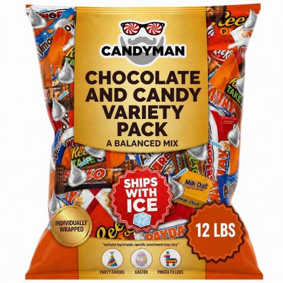 CANDYMAN 12 Pound Gift Box Mix of Chocolate, Individually Wrapped Assorted Bulk Candy Chocolates Variety Pack, Perfect for Holiday Candies, July 4th, Ship with Ice
