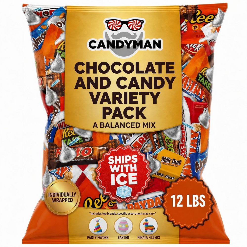 CANDYMAN 12 Pound Gift Box Mix of Chocolate, Individually Wrapped Assorted Bulk Candy Chocolates Variety Pack, Perfect for Holiday Candies, July 4th, Ship with Ice