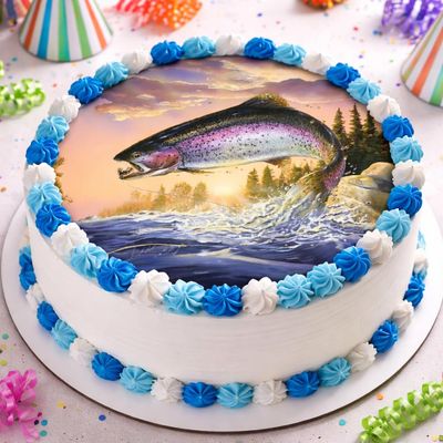 Rainbow Trout Fishing Cake Topper Jumping Trout River Scene Cake Decoration Fly Fishing Birthday Party, Fisherman Celebration & Outdoor Sports Theme (Fits 6 inch round cake or larger)