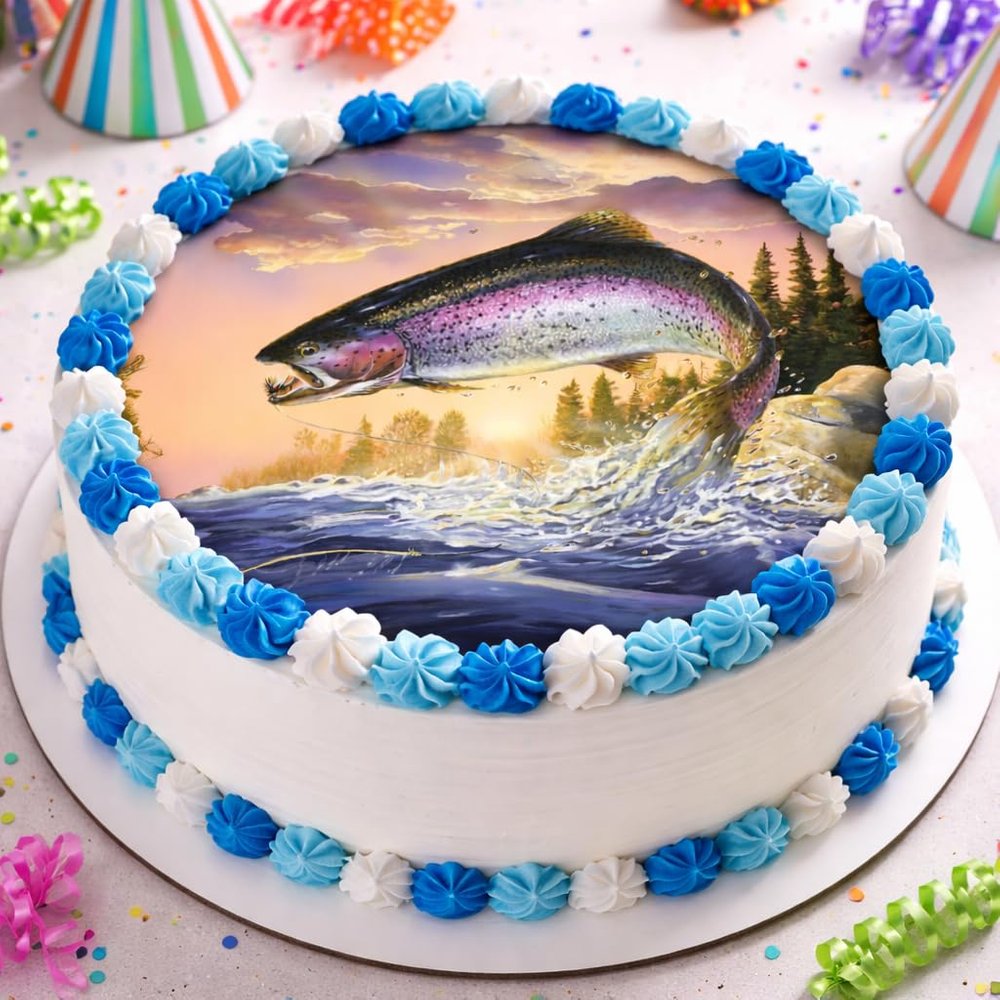 Rainbow Trout Fishing Cake Topper Jumping Trout River Scene Cake Decoration Fly Fishing Birthday Party, Fisherman Celebration & Outdoor Sports Theme (Fits 6 inch round cake or larger)