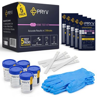 PRYV UTI Test Strips for Women & Men - Trusted by Doctors 2 in 1 Private at Home UTI Test Strip with Sterile Cups & Gloves - Individually Wrapped - Accurate Results in 2 Minutes - 5 Tests