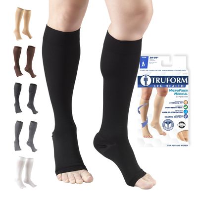 Truform 20-30 mmHg Compression Stockings for Men and Women, Knee High Length, Open Toe, Black, 2X-Large