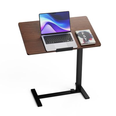 Mobile Standing Desk Adjustable Overbed Table, Pneumatic Height Adjustable Rolling Laptop Desk with Hidden Wheels, 0-180Tilt Top Rolling Computer Cart Foldable for Home Office, Craft & Study, Brown