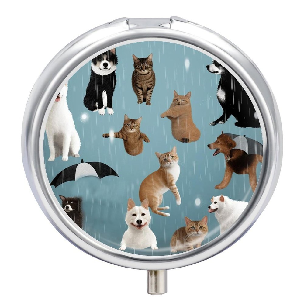 Raining Cats & Dogs Pill Case with 3 Compartments - Portable Travel Pill Organizer for Purse, Easy-Open Button Design, Small Round Pillbox Vitamin Holder Organizer for Women Men