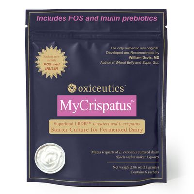 MyCrispatus Complete Starter Culture L. crispatus + LRDR L. reuteri FOS/Inulin Prebiotic Blend Live Active Cultures Makes 6 Quarts YogurtLike Cultured Dairy Developed with Dr. William Davis
