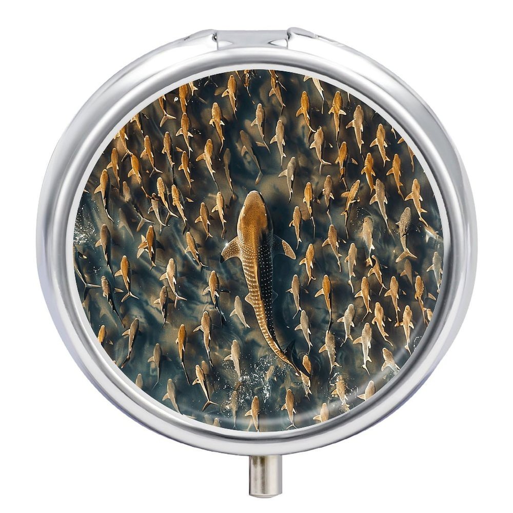 Big Fish and Small Fish Round Metal Pill Organizer 3 Compartment Travel Pill Case with Mirror Waterproof & Leak-Proof for Daily Meds Vitamins Supplements Fits in Purse Pocket Bag