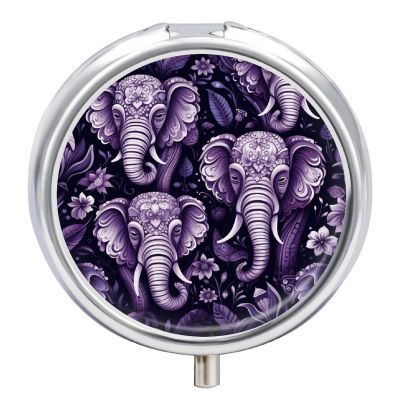 Cartoon Cute Elephant Round Metal Pill Organizer 3 Compartment Travel Pill Case with Mirror Waterproof & Leak-Proof for Daily Meds Vitamins Supplements Fits in Purse Pocket Bag