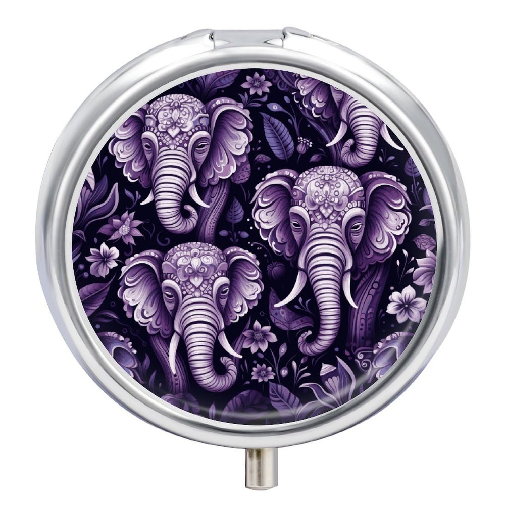 Cartoon Cute Elephant Round Metal Pill Organizer 3 Compartment Travel Pill Case with Mirror Waterproof & Leak-Proof for Daily Meds Vitamins Supplements Fits in Purse Pocket Bag