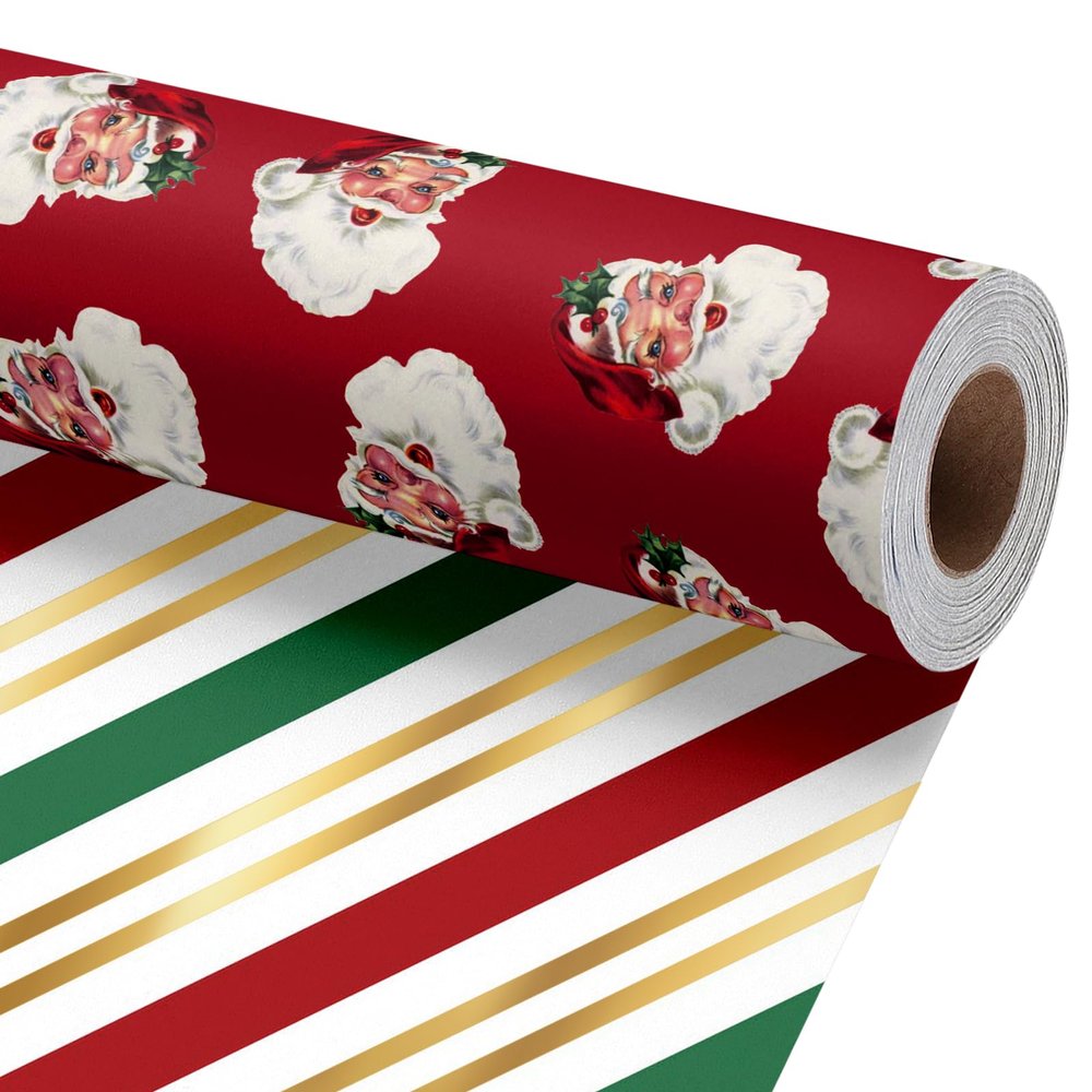 LaRibbons Vintage Santa Christmas Reversible Wrapping Paper 17 In x 33 Ft