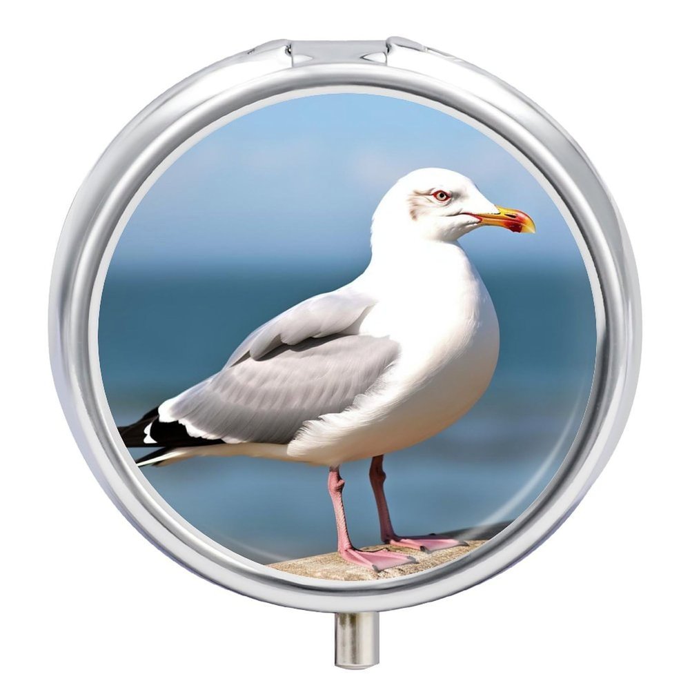 Cute Seagull Pill Case with 3 Compartments - Portable Travel Pill Organizer for Purse, Easy-Open Button Design, Small Round Pillbox Vitamin Holder Organizer for Women Men