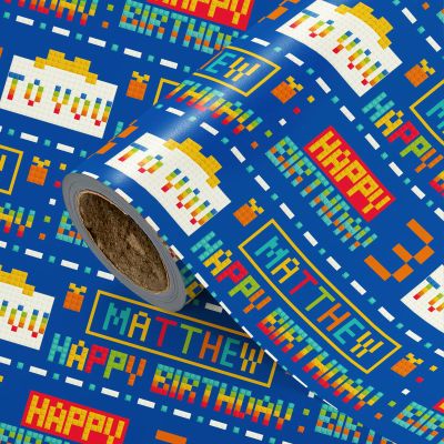 LeZakaa Custom Photo Wrapping Paper for Kids Boys 30180in Jumbo Roll, Personalized Name Age Birthday Gift Wrap, Colorful Pixel Building Block Game Style, Funny Fortnite Design for Birthday Party