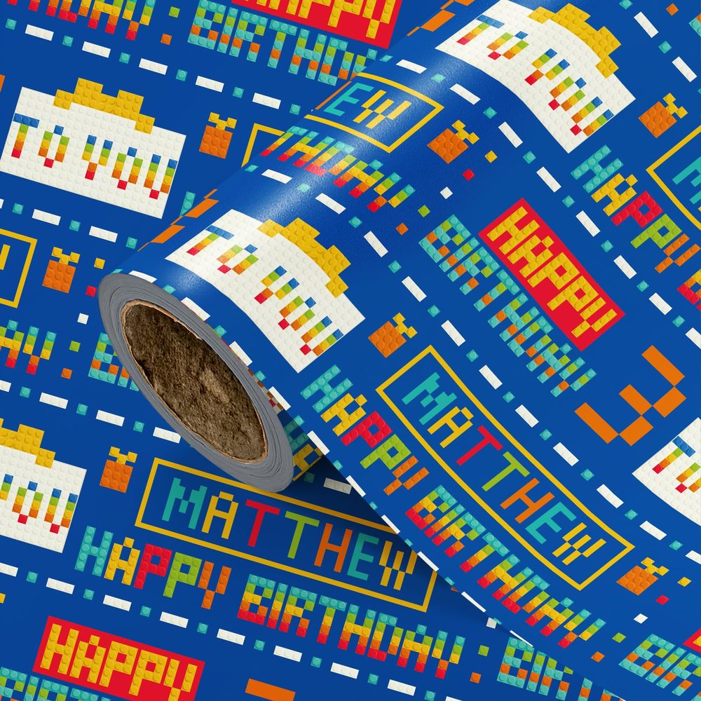 LeZakaa Custom Photo Wrapping Paper for Kids Boys 30180in Jumbo Roll, Personalized Name Age Birthday Gift Wrap, Colorful Pixel Building Block Game Style, Funny Fortnite Design for Birthday Party