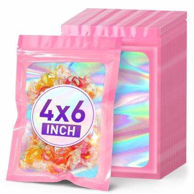 ANZNKU 100PCS Holographic Bags 4x6 Pink Mylar Bags Resealable, Smell Proof Packaging Bag Snack Pouches Goodie Baggies for Candy Jewelry Graduation Party Favors, Small Gift Bag for Small Business