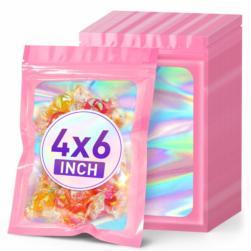 ANZNKU 100PCS Holographic Bags 4x6 Pink Mylar Bags Resealable, Smell Proof Packaging Bag Snack Pouches Goodie Baggies for Candy Jewelry Graduation Party Favors, Small Gift Bag for Small Business