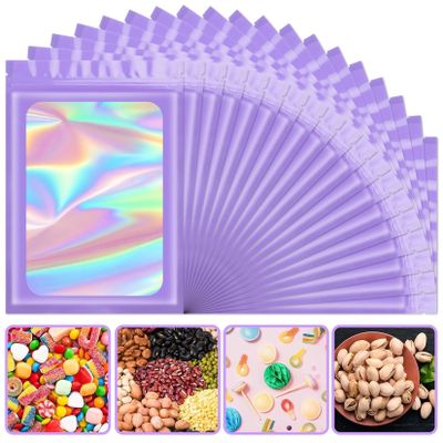 ANZNKU Holographic Bags Large Mylar Bags Resealable 50PCS, 6.3x9.4 Purple Smell Proof Packaging Bag Snack Pouches Goodie Baggies for Candy Jewelry Graduation Party Favor Gifts, Bag for Small Business