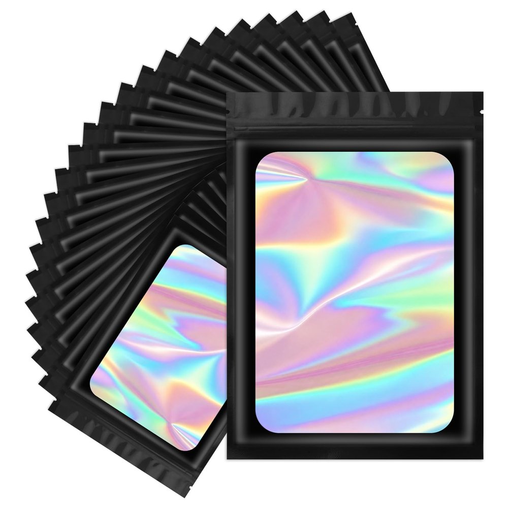 ANZNKU 100PCS Holographic Bags Black Mylar Bags Resealable 5.5x7.8, Smell Proof Packaging Bag Snack Pouches Goodie Baggies for Candy Jewelry Graduation Party Favors, Small Gift Bag for Small Business