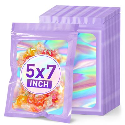 ANZNKU 100PCS Holographic Bags 5x7 Mylar Bags Resealable, Purple Smell Proof Packaging Bag Snack Pouches Goodie Baggies for Candy Jewelry Graduation Party Favors, Small Gift Bag for Small Business