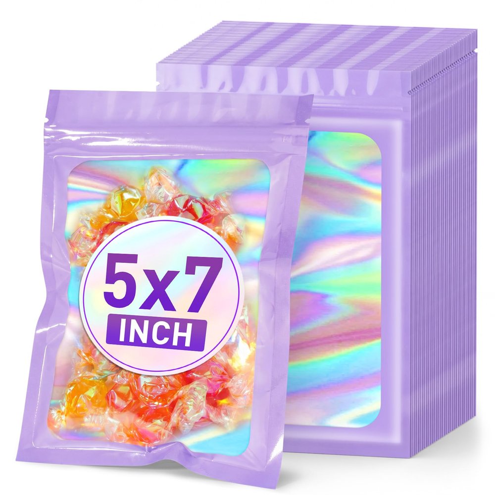 ANZNKU 100PCS Holographic Bags 5x7 Mylar Bags Resealable, Purple Smell Proof Packaging Bag Snack Pouches Goodie Baggies for Candy Jewelry Graduation Party Favors, Small Gift Bag for Small Business