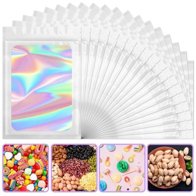 ANZNKU Holographic Bags White Large Mylar Bags Resealable 50PCS, 6.3x9.4 Smell Proof Packaging Bag Snack Pouches Goodie Baggies for Candy Jewelry Graduation Party Favors Gifts, Bag for Small Business