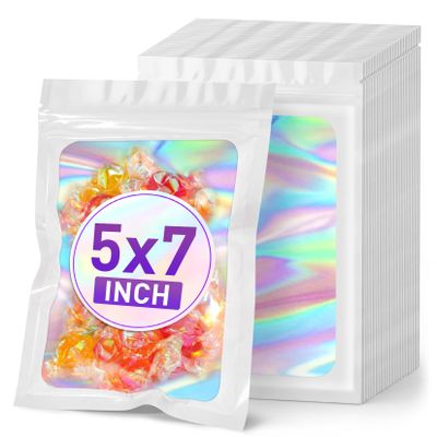 ANZNKU Holographic Bags 5x7 White Mylar Bags Resealable 50PCS, Smell Proof Packaging Bag Snack Pouches Goodie Baggies for Candy Jewelry Graduation Party Favors, Small Gift Bag for Small Business