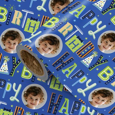 LeZakaa Custom Photo Wrapping Paper for Kids Boys 58 23 in, Personalized Blue Happy Birthday Cute Text Gift Wrap with Photo for Kids Boys Girls Party Gifts