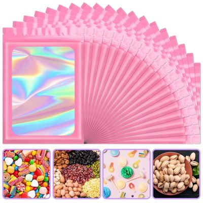 ANZNKU Holographic Bags Pink Large Mylar Bags Resealable 50PCS, 6.3x9.4 Smell Proof Packaging Bag Snack Pouches Goodie Baggies for Candy Jewelry Graduation Party Favors Gifts, Bag for Small Business