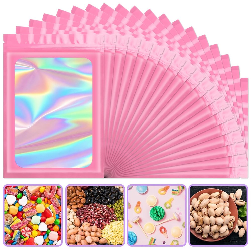 ANZNKU Holographic Bags Pink Large Mylar Bags Resealable 50PCS, 6.3x9.4 Smell Proof Packaging Bag Snack Pouches Goodie Baggies for Candy Jewelry Graduation Party Favors Gifts, Bag for Small Business